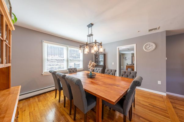 Dining room, Interior, Pendant Lights, Wood Texture Flooring