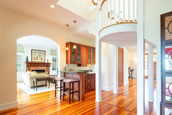 Fireplace, Interior, Pendant Lights, Recessed Lighting, Wood Texture Flooring