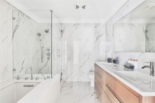 Bathroom, Dual Sink Vanities, Glass Shower, Interior, Marble, Marble Walls