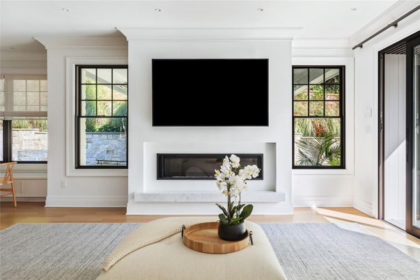 Fireplace, Interior, Recessed Lighting, Wood Texture Flooring