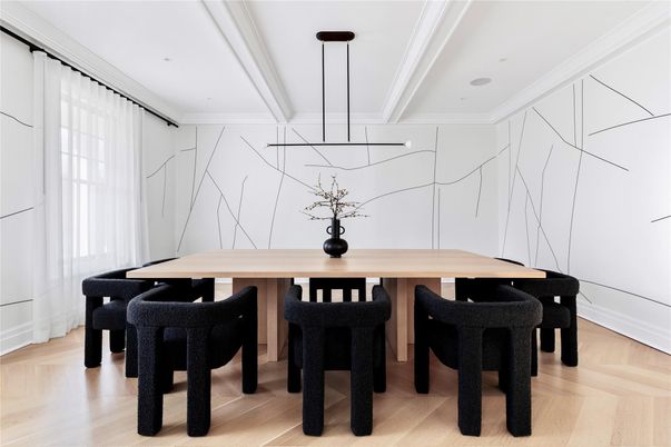Dining room, Interior, Pendant Lights, Wood Texture Flooring