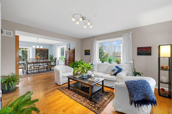 Dining room, Interior, Living room, Pendant Lights, Wood Texture Flooring