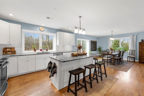 Dining room, Interior, Kitchen, Pendant Lights, Recessed Lighting, Wood Texture Flooring