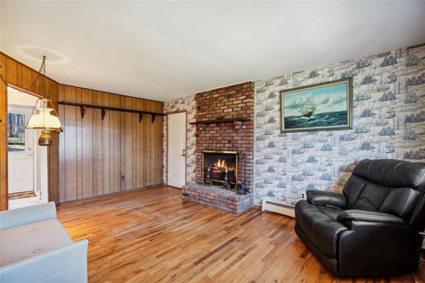 Fireplace, Interior, Pendant Lights, Stone Walls, Wood Texture Flooring