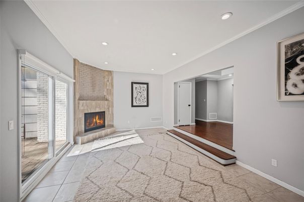 Fireplace, Interior, Recessed Lighting, Wood Texture Flooring