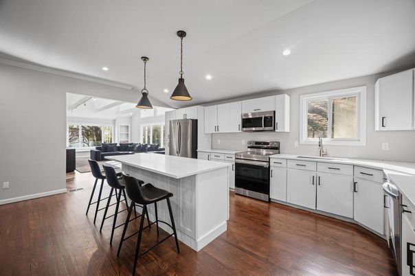 Interior, Kitchen, Pendant Lights, Recessed Lighting, Stainless Steel Appliances, Wood Texture Flooring