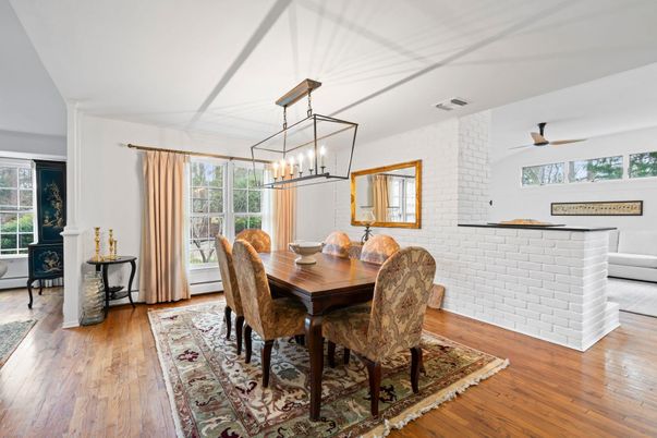 Dining room, Interior, Pendant Lights, Stone Walls, Wood Texture Flooring