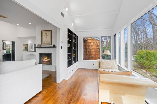 Fireplace, Interior, Living room, Recessed Lighting, Wood Texture Flooring