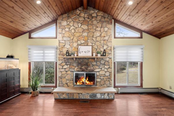 Fireplace, Interior, Recessed Lighting, Stone Walls, Wooden Beams, Wooden Ceilings, Wood Texture Flooring