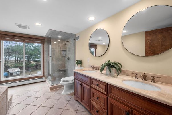 Bathroom, Dual Sink Vanities, Glass Shower, Interior, Recessed Lighting