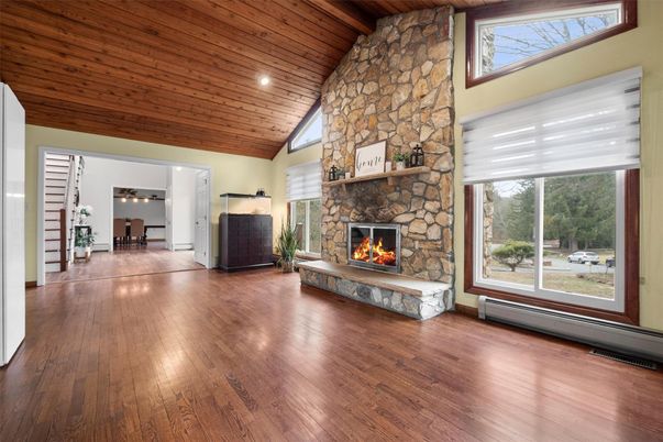Fireplace, Interior, Recessed Lighting, Stone Walls, Wooden Ceilings, Wood Texture Flooring