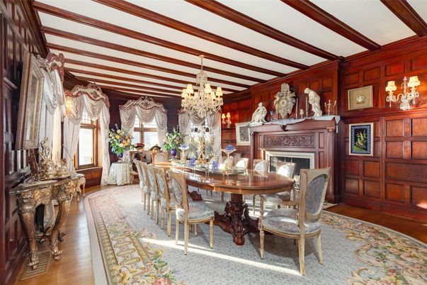 Chandelier, Dining room, Fireplace, Interior, Wooden Beams, Wood Texture Flooring, Wooden Walls