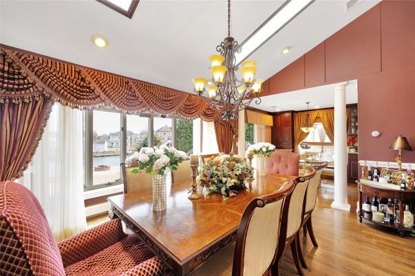 Chandelier, Dining room, Interior, Recessed Lighting, Water, Wood Texture Flooring