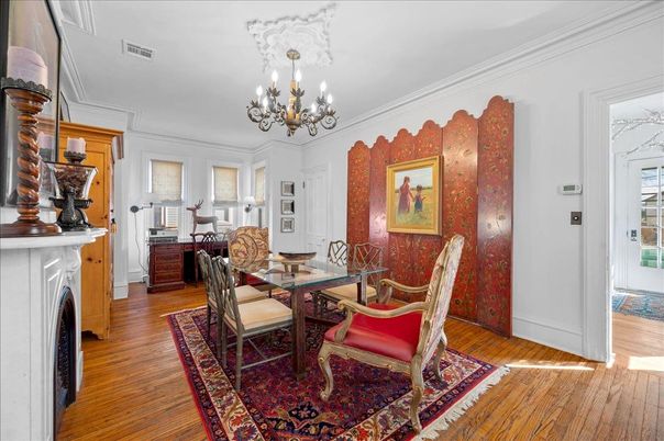Chandelier, Dining room, Fireplace, Interior, Wood Texture Flooring