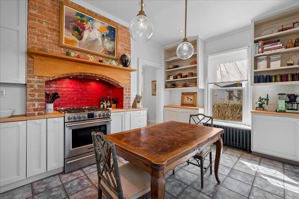 Dining room, Interior, Kitchen, Pendant Lights, Stainless Steel Appliances, Stone Walls