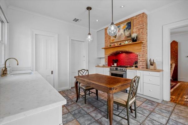 Dining room, Interior, Kitchen, Pendant Lights, Recessed Lighting, Stainless Steel Appliances, Stone Walls, Wood Texture Flooring