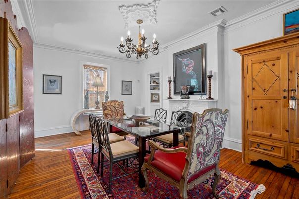 Chandelier, Dining room, Fireplace, Interior, Wood Texture Flooring