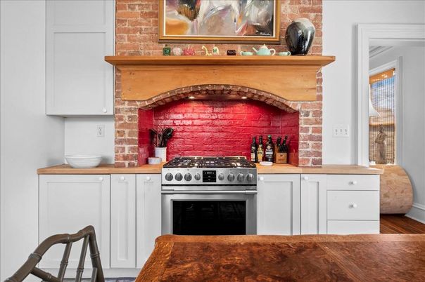 Interior, Kitchen, Stainless Steel Appliances, Stone Walls, Wood Texture Flooring