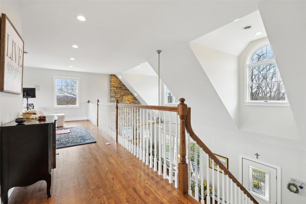 Fireplace, Interior, Pendant Lights, Recessed Lighting, Stone Walls, Wood Texture Flooring