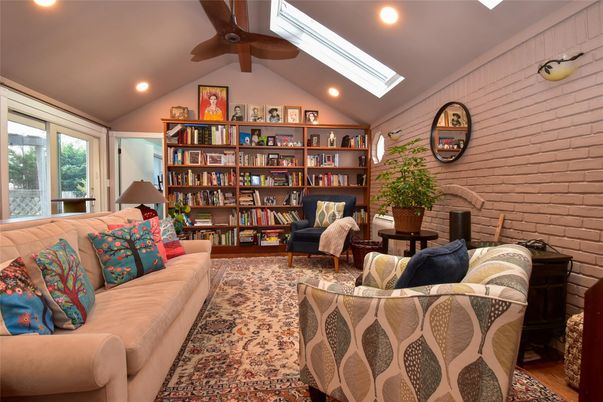 Interior, Living room, Recessed Lighting, Stone Walls, Wooden Beams