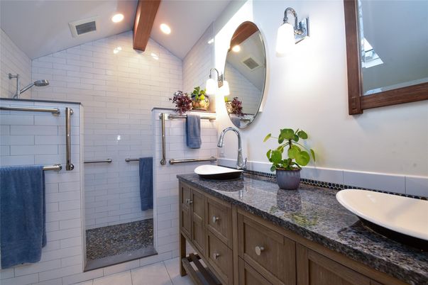 Bathroom, Dual Sink Vanities, Glass Shower, Interior, Recessed Lighting, Wooden Beams