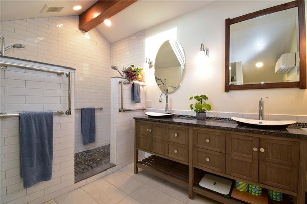 Bathroom, Dual Sink Vanities, Interior, Recessed Lighting, Wooden Beams