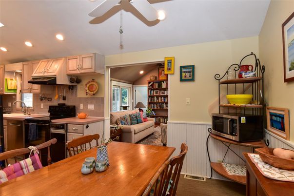 Dining room, Interior, Kitchen, Living room, Recessed Lighting, Wood Texture Flooring
