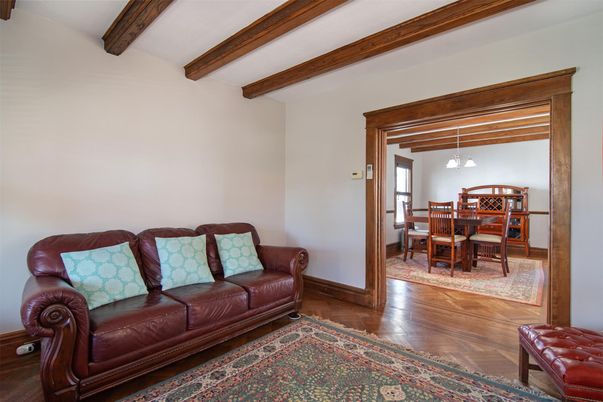 Dining room, Interior, Pendant Lights, Wooden Beams, Wood Texture Flooring