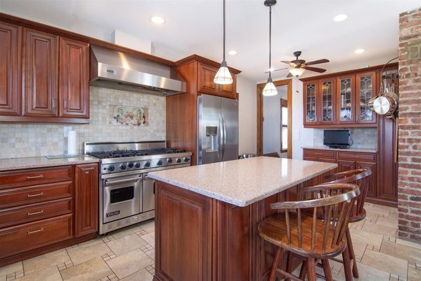 Interior, Kitchen, Pendant Lights, Recessed Lighting, Stainless Steel Appliances, Stone Walls