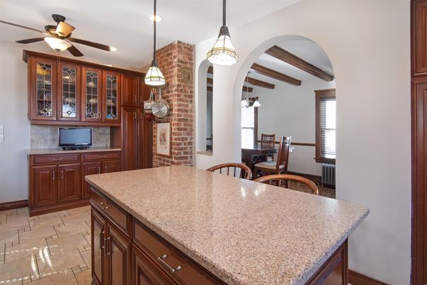 Dining room, Interior, Pendant Lights, Recessed Lighting, Stone Walls, Wooden Beams