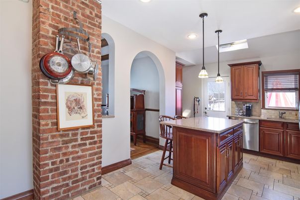 Interior, Kitchen, Pendant Lights, Recessed Lighting, Stainless Steel Appliances, Stone Walls