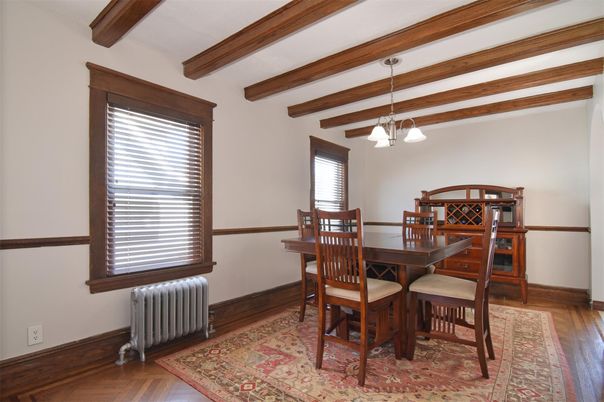 Dining room, Interior, Pendant Lights, Wooden Beams, Wood Texture Flooring