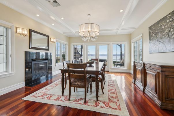 Chandelier, Dining room, Fireplace, Interior, Recessed Lighting, Wood Texture Flooring