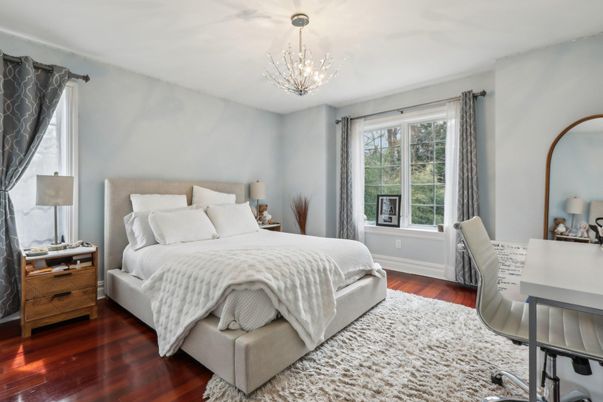Bedroom, Chandelier, Home Office, Interior, Wood Texture Flooring
