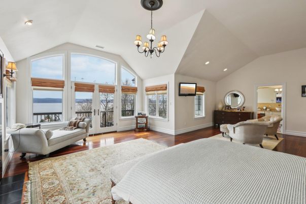Bedroom, Chandelier, Interior, Recessed Lighting, Wood Texture Flooring