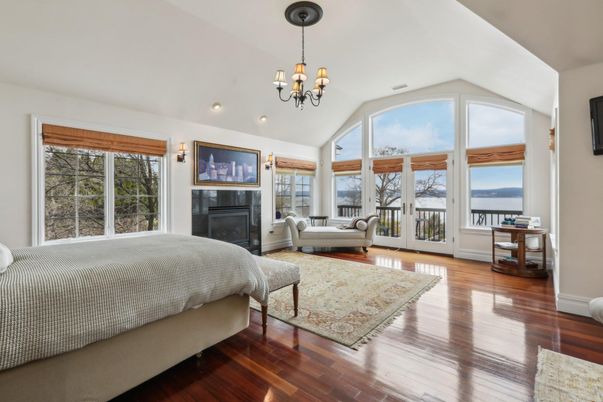 Bedroom, Chandelier, Fireplace, Interior, Wood Texture Flooring
