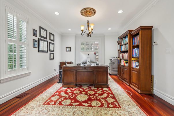 Chandelier, Home Office, Interior, Recessed Lighting, Wood Texture Flooring