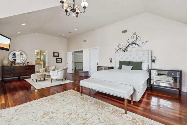 Bedroom, Chandelier, Interior, Recessed Lighting, Wood Texture Flooring