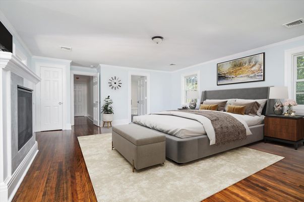 Bedroom, Fireplace, Interior, Wood Texture Flooring