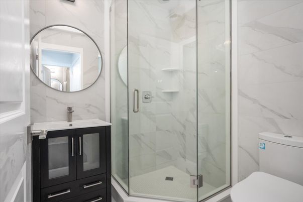 Bathroom, Glass Shower, Interior, Marble Walls