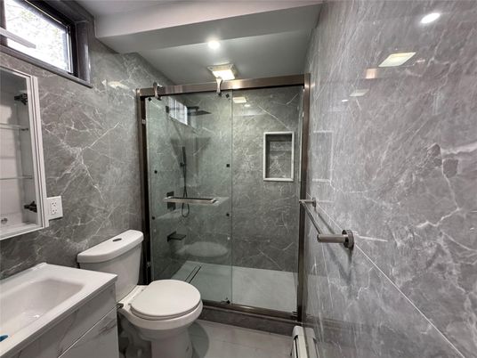 Bathroom, Glass Shower, Interior, Marble Walls, Recessed Lighting