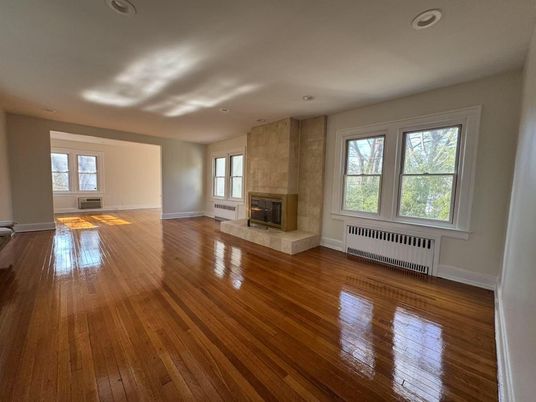 Empty room, Fireplace, Interior, Recessed Lighting, Wood Texture Flooring