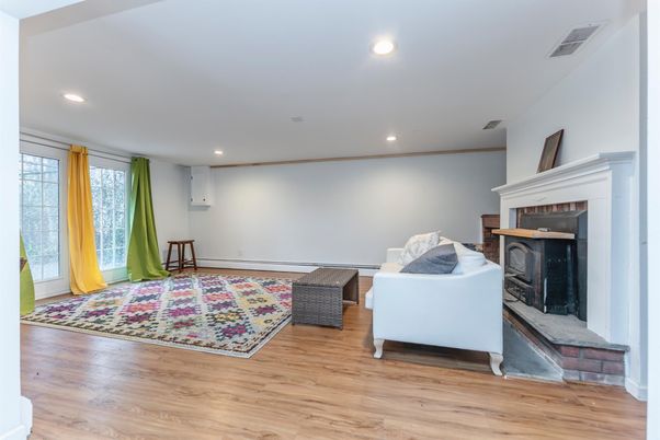 Fireplace, Interior, Recessed Lighting, Wood Texture Flooring