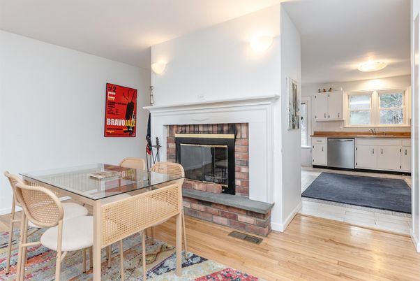 Dining room, Fireplace, Interior, Kitchen, Wood Texture Flooring