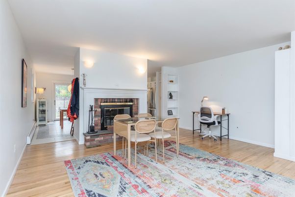 Dining room, Fireplace, Interior, Wood Texture Flooring