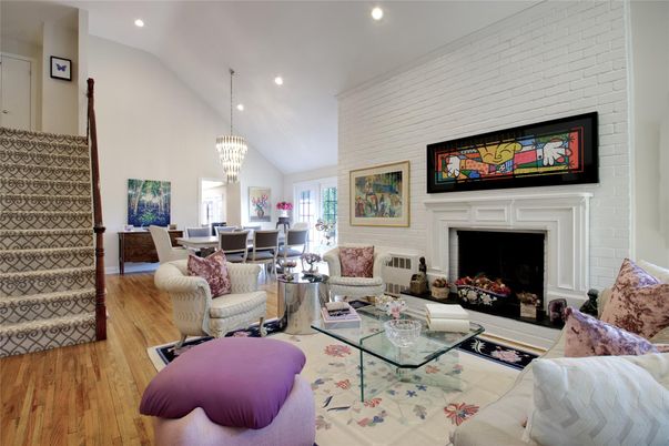 Chandelier, Dining room, Fireplace, Interior, Living room, Pendant Lights, Recessed Lighting, Wood Texture Flooring