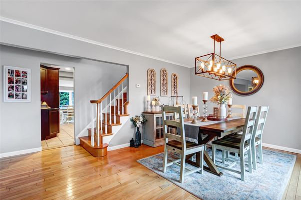 Dining room, Interior, Pendant Lights, Wood Texture Flooring
