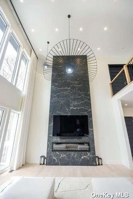 Fireplace, Interior, Marble Walls, Pendant Lights, Recessed Lighting