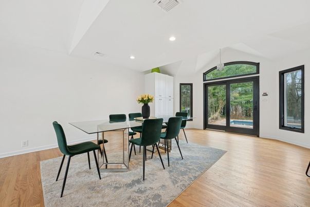 Dining room, Interior, Recessed Lighting, Wood Texture Flooring