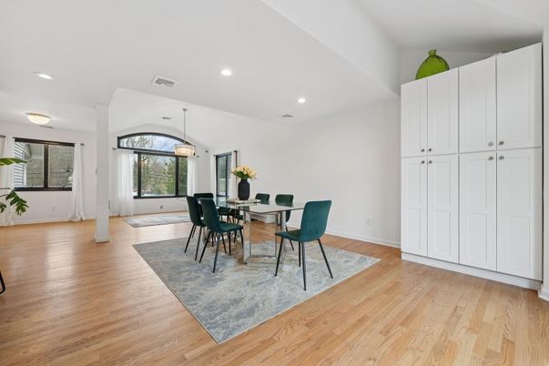 Dining room, Interior, Pendant Lights, Recessed Lighting, Wood Texture Flooring